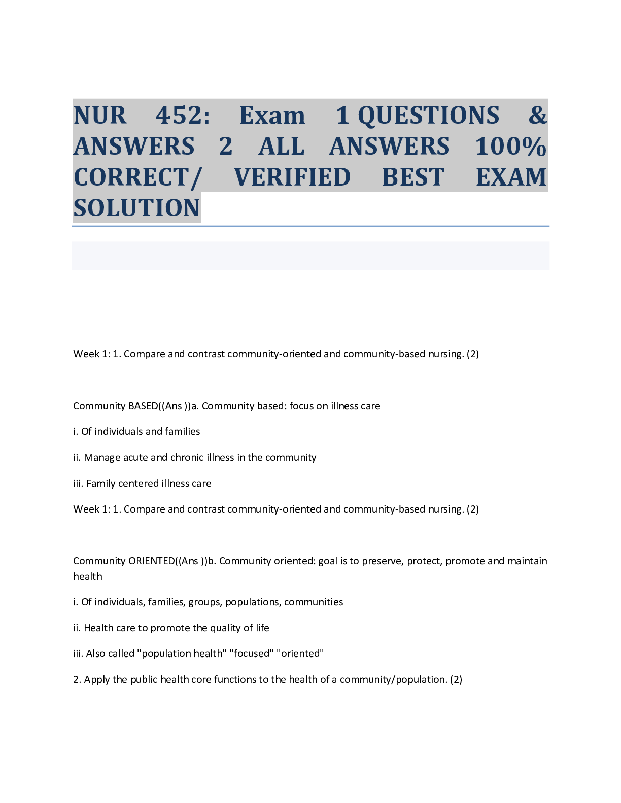 Preview of NUR 452: Exam 1 QUESTIONS & ANSWERS 2 ALL ANSWERS 100% CORRECT/ VERIFIED BEST EXAM SOLUTIO